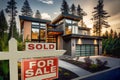 Sold Home For Sale Real Estate Sign in Front of Modern House - Generative AI Royalty Free Stock Photo