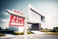 Sold Home For Sale Real Estate Sign in Front of Modern House - Generative AI Royalty Free Stock Photo