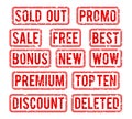 Sold out and promo, bonus sale vector stamps