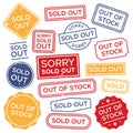 Sold out stamps. Out of stock rubber stamp, red rectangular shopping label and sales badge tag vector set Royalty Free Stock Photo