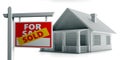 Sold for sale sign and house model isolated against white background. Real estate concept. 3d illustration Royalty Free Stock Photo