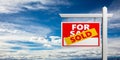 Sold for sale sign isolated against blue sky background. Real estate concept, copy space. 3d illustration Royalty Free Stock Photo