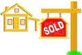 Sold sign board with post and home icon design