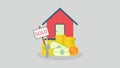 Sold sign in front of house in flat building style, vector illustration for real estate purchase