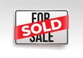 Sold sign sticker. Word of Sold on a red ribbon. Vector illustration. Isolated on white background Royalty Free Stock Photo