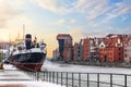 Soldek ship, the Motlawa and Zuraw Port Crane in Gdansk, Poland, winter view Royalty Free Stock Photo