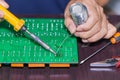 Soldering on circuit board Royalty Free Stock Photo