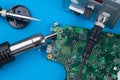 Soldering electronic printed circuit board with Hot air gun Royalty Free Stock Photo