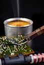 Soldering of an integrated circuit in an electronics workshop. Small electronic works Royalty Free Stock Photo