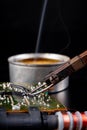 Soldering of an integrated circuit in an electronics workshop. Small electronic works Royalty Free Stock Photo