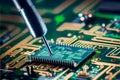 Soldering a micro chip processor with iron tool on a green circuit boad. AI Generated