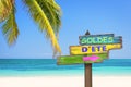 Soldes d`ete meaning summer sale in French written on pastel colored wood direction signs, beach and palm tree background
