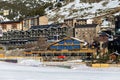 SOLDEU, ANDORRA - FEBRUARY 13, 2019: Multi-storey hotel buildings at the foot of the mountain and ski slopes in the ski