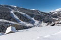 Soldeu, Canillo, Andorra on an autumn morning in its first snowfall of the season. You can see almost completed the works of the t Royalty Free Stock Photo