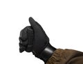 soldier arm holding hand remote.