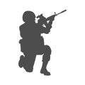 Soldier. Armed forces. Silhouette of a soldier. A soldier aims through the optical sight of a rifle. Flat style