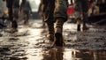 a soldier in army boots walks through puddles generative ai
