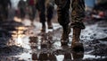 a soldier in army boots walks through puddles generative ai