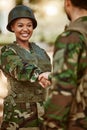 Soldier, army and man and woman with handshake in nature for service, protection and thank you. Camouflage, national Royalty Free Stock Photo