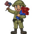 Soldier Bouquet and Flag Cartoon Colored Clipart