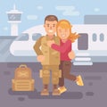 Soldier coming home from deployment. Happy girlfriend hugging a soldier Royalty Free Stock Photo