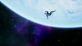 A soldier of the future falls on a blue planet in outer space. 3D Rendering.
