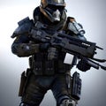 Soldier of the future in uniform with weapons. AI generative