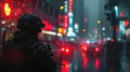 Soldier in gear stands under rain, city lights blur in background creating moody, cinematic effect.