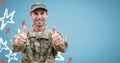 Soldier giving two thumbs up against blue background with red and white hand drawn star pattern