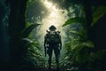 Soldier in green forest, army man with military equipment in jungle, generative AI