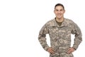 Soldier with hands on hips against white Royalty Free Stock Photo