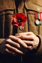 Soldier hands holding one wild red poppy flower. Remembrance Day, Armistice Day, Anzac day symbol Royalty Free Stock Photo