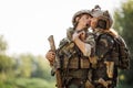 Soldier and his wife at the battlefield Royalty Free Stock Photo