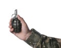 Soldier holding hand grenade on white background, closeup Royalty Free Stock Photo
