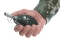 Soldier holding hand grenade on white background, closeup. Military service Royalty Free Stock Photo