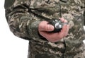 Soldier holding hand grenade on white background. Military service Royalty Free Stock Photo