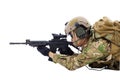 Soldier holding rifle or sniper lying on the floor Royalty Free Stock Photo