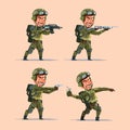 soldier holding various guns and bomb preparing to shoot. Soldier character design - vector