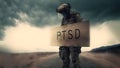 soldier holding wooden sign with letters PTSD for post traumatic stress disorder, neural network generated art