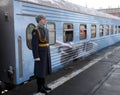 Soldier of honor at the military echelon at the Kazan station in Moscow