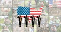 Soldier icons and us map with american flag over collage of multiracial soldier family