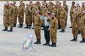 Soldier of the IDF salute at the formation in Engineering Corps Fallen Memorial Monument in Mishmar David, Israel