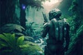 Soldier in jungle on alien planet, man with futuristic military equipment in forest, generative AI