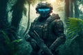 Soldier in jungle, man with futuristic military equipment in forest, generative AI