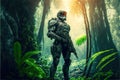 Soldier in jungle, man with futuristic military equipment in forest, generative AI