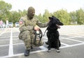 Soldier of KORD unit Ukrainian SWAT in uniform and his police dog sitting on a ground. Kiev, Ukraine Royalty Free Stock Photo