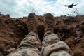 soldier legs laying on the dirt with flying drone in the sky above