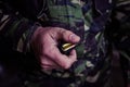 Soldier loading a 9mm caliber cartridge