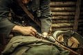 A soldier loads a cartridge in a rifle in a trench Royalty Free Stock Photo