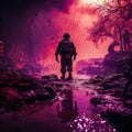 soldier looking towards fire on ultraviolet background